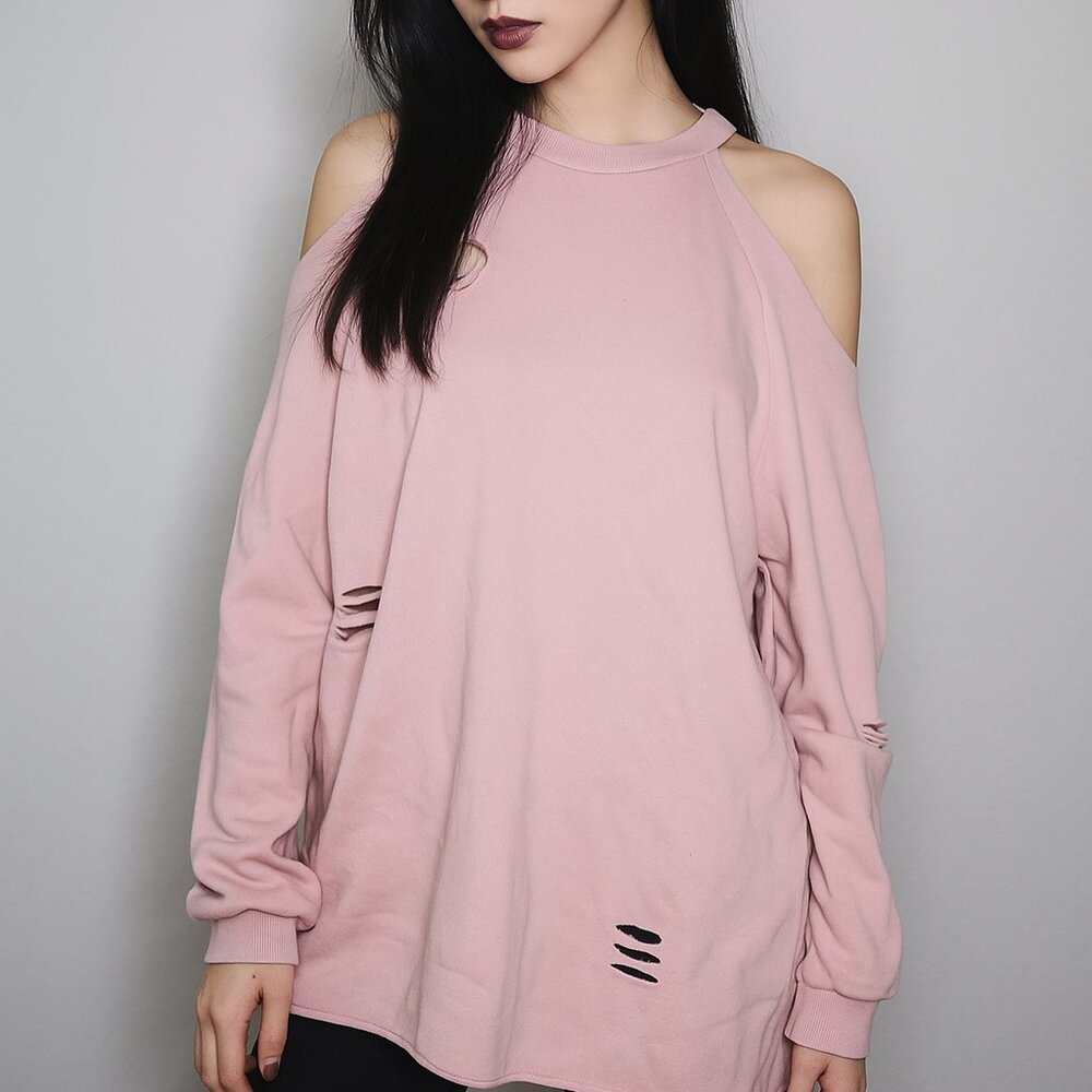 Honey Punch Distressed Pink Cold Shoulder Sweatshirt Oversized Long Sleeve M